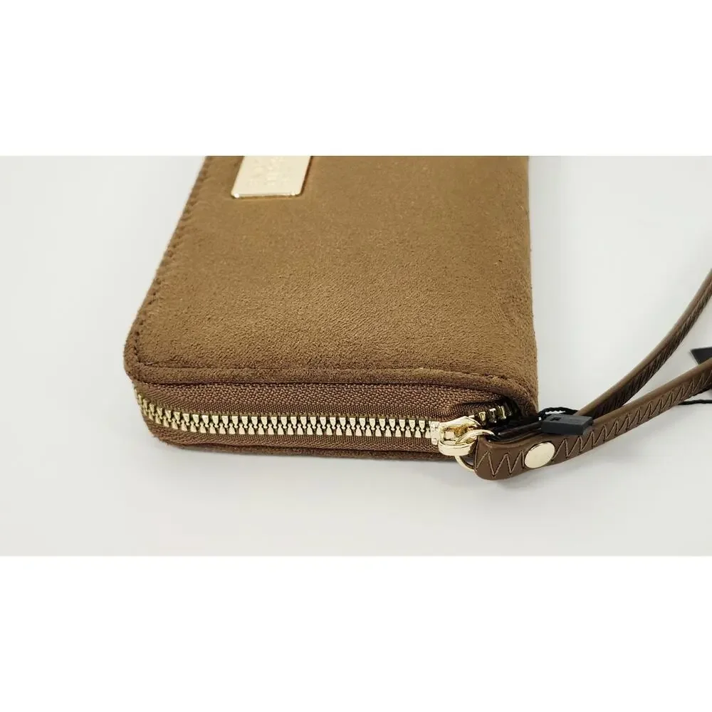 Badgley Mischka Tan Brown Suede Zip Around Wristlet Continental Wallet NWT